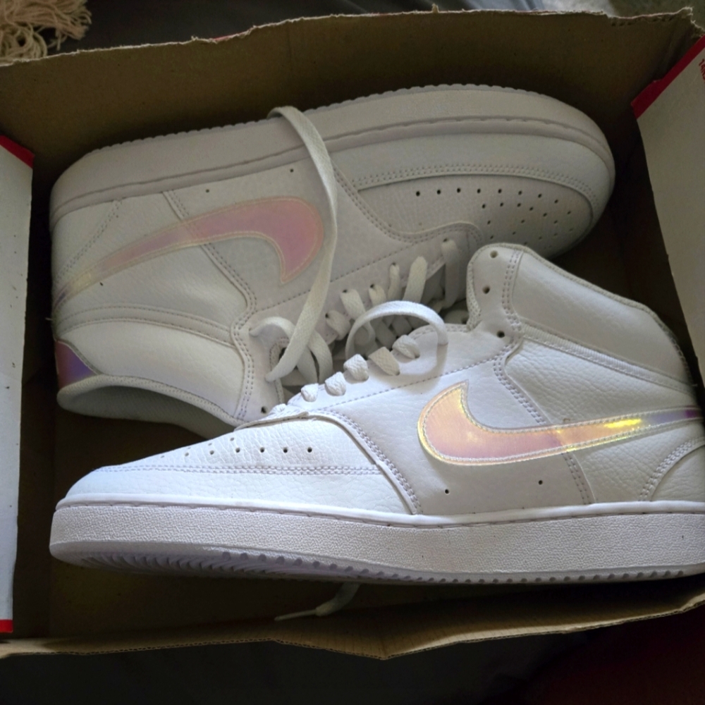 Nike White High-Tops with Iridescent Swoosh